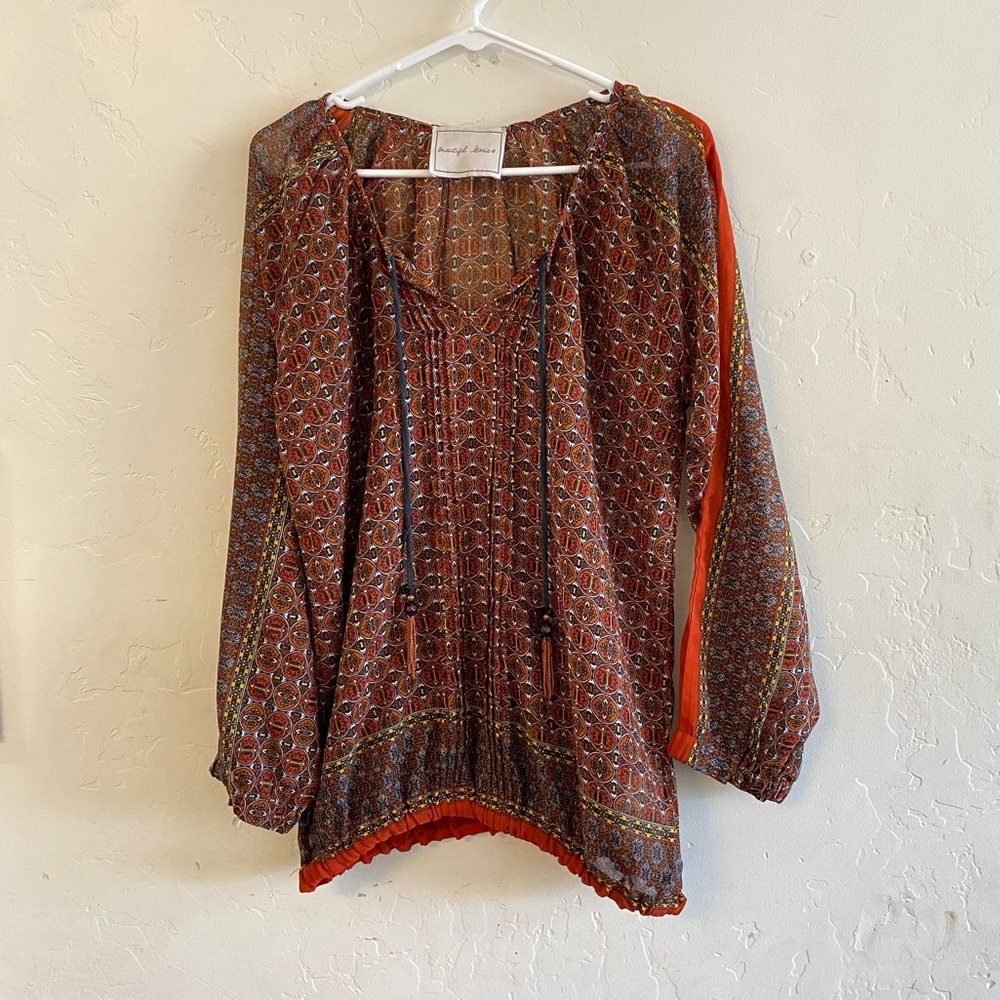 Beautiful Stories Brown & Cream Sheer Printed Blouse Medium